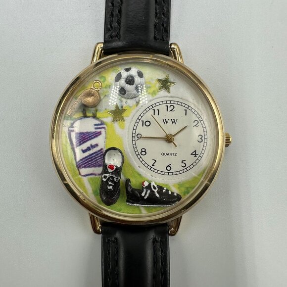 WW Whimsical Soccer Watch Men Gold Tone Black Leather Band 40MM Case New Battery - Picture 1 of 12